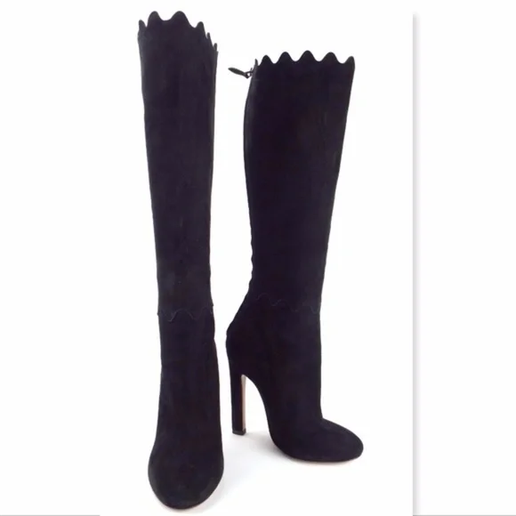 Unworn ALAIA Black Suede Leather Scalloped Top Heeled Boots 36